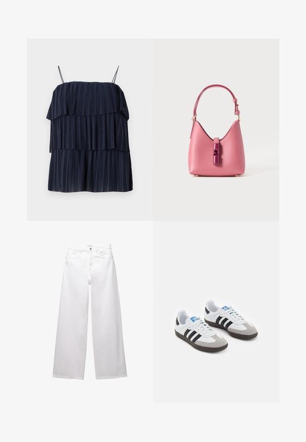 Marineblaues, plissiertes Oberteil mit geschichteter Gestaltung, dünnen Trägern und weicher Textur. Jede Schicht weist vertikale Falten auf, die Tiefe und Bewegung erzeugen.; Weiße weit geschnittene Jeans aus Denim. Mit Knopfverschluss, Vorder- und Gesäßtaschen sowie gesteppten Nähten. Glatte Textur mit minimalen Details.; Sportschuhe mit einem Obermaterial aus weißem Leder, grauer Wildleder-Zehenkappe und drei schwarzen Streifen. Sie verfügen über ein blaues Logo auf der Zunge und eine strukturierte Gummisohle.; Rosa Lederhandtasche mit strukturiertem Design, ausgestattet mit einem glänzenden Verschluss und einem einstellbaren Gurt. Texturierte Oberfläche mit goldfarbenen Beschlägen.