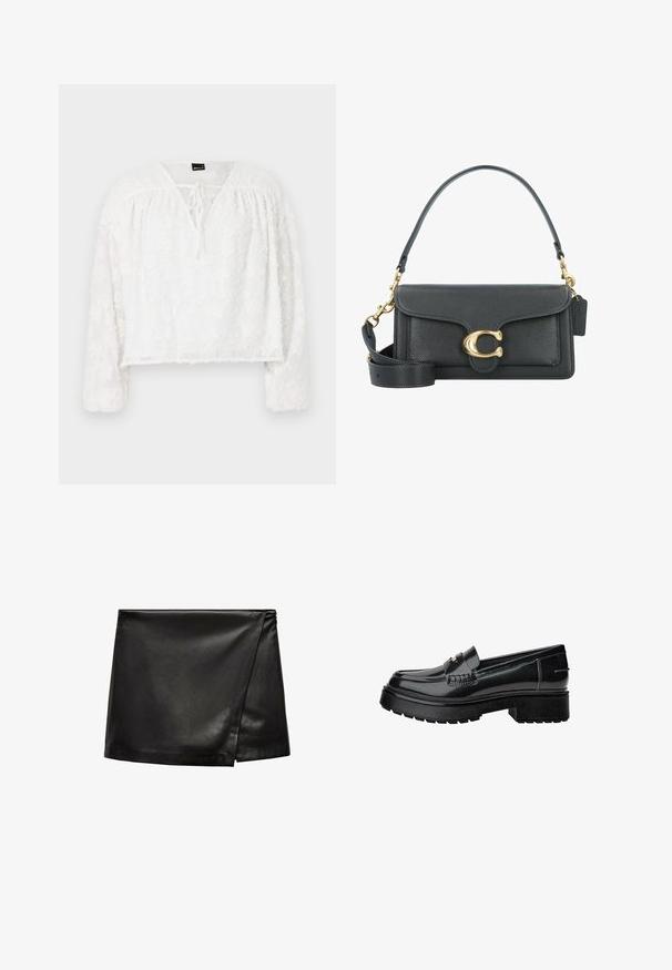 Bluză albă scurtă cu mâneci lungi, design din dantelă florală texturată, decolteu în formă de V și detaliu cu fundă în față. Material moale, transparent.; Fustă mini din piele neagră, cu un design tip wrap, având o textură netedă și un stil minimalist. Fără elemente de prindere vizibile sau motive.; Loafers din piele lăcuită neagră cu talpă groasă, având o curea decorativă și detalii de cusătură subtile. Textura din cauciuc pe talpa exterioară.; Geantă de piele neagră cu un accent din fier forjat auriu, având un închizător semnătură, curea de umăr detașabilă și o suprafață texturată.