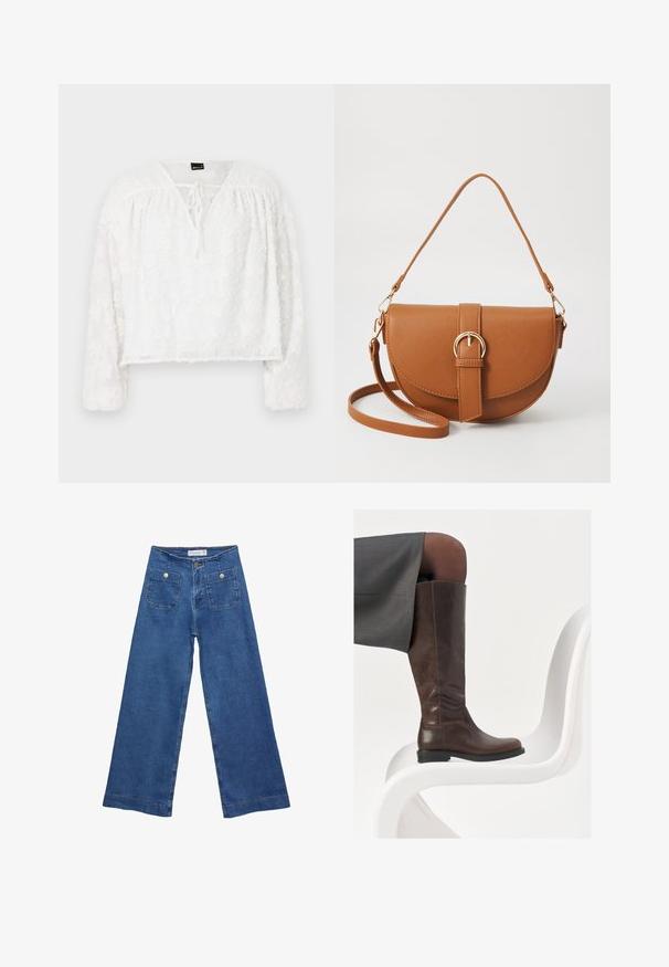 Bela skrajšana bluzica z dolgimi rokavi, z teksturiranim cvetličnim čipkastim vzorcem, V-izrezom in vezanjem spredaj. Mehka, prosojna tkanina.; Jeans širokih nogavic iz denima z medenim modrim pranjem, dvema sprednjima žepoma z gumbnimi zaprtji in šivanjem ob robovih.; Rjave usnjene škornje do kolen z zaobljenim nosom, gladko teksturo in minimalnimi šivi, postavljeni na svetlo ozadje na belem stolu.; Rjava usnjena torbica prek telesa s ukrivljeno obliko, zlate opreme in sponko. Ima odstranljiv naramni trak.