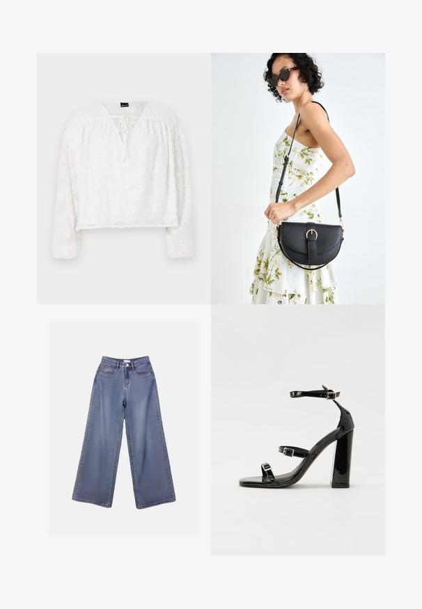 Bela skrajšana bluzica z dolgimi rokavi, z teksturiranim cvetličnim čipkastim vzorcem, V-izrezom in vezanjem spredaj. Mehka, prosojna tkanina.; Široke denim hlače v svetlo modrem pranju, s poudarjeno pasom, sprednjimi žepi in gumbom za zapiranje z zankami za pas.; Črne lakirane sandale s peto, kvadratnim prstom, trakovi okrog gležnja in srebrnimi zaponkami. Opremljene so s stabilno Debelo peto.; Črna usnjena torbica s ukrivljeno obliko, z odstranljivo naramnico in zlatimi dodatki. Torbica ima pokrov s podrobnostmi v obliki zaponke.