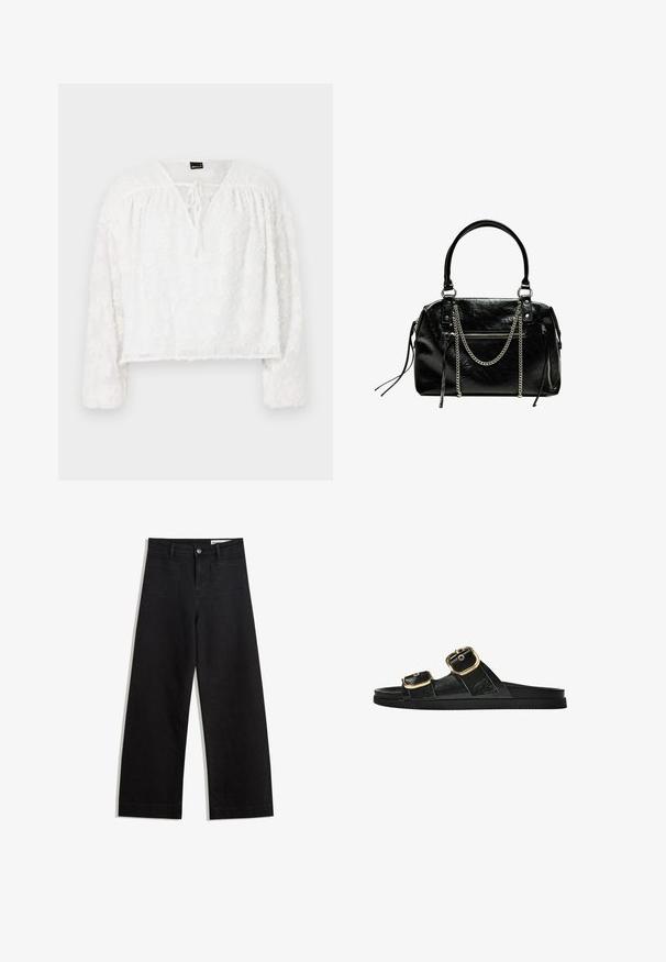 Biała krótka bluzka z długimi rękawami, z fakturowanym, kwiatowym koronkowym wzorem, z dekoltem w kształcie litery V i detalem w postaci wiązania z przodu. Miękki, przezroczysty materiał.; Czarne dżinsowe spodnie o szerokich nogawkach i wysokim stanie, z przednimi i tylnymi kieszeniami, przeszyciami oraz zapięciem na guziki. Gładka struktura.; Czarne klapki z dwoma złotymi klamrami, gładki materiał, płaska podeszwa i minimalistyczny design.; Bershka - Torebka