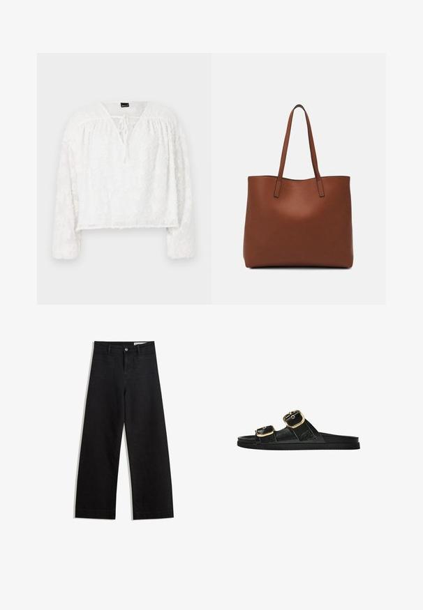 Weiße kurz geschnittene Bluse mit langen Ärmeln, strukturiertem floralen Spitzenmuster, V-Ausschnitt und Schnürdetail an der Vorderseite. Weiches, durchscheinendes Material.; Schwarze weit geschnittene Jeans mit hoher Taille, ausgestattet mit Vorder- und Hintertaschen, gesteppten Nähten und einem Knopfverschluss. Glatte Textur.; Schwarze Riemensandale mit zwei goldenen Schnallendetails, glattem Material, flachem Sohlen und minimalistischer Gestaltung.; Braune Leder-Tote mit glatter Textur, offenem Oberteil und zwei Schulterriemen. Verfügt über minimale Nähte und keine sichtbaren Beschläge.