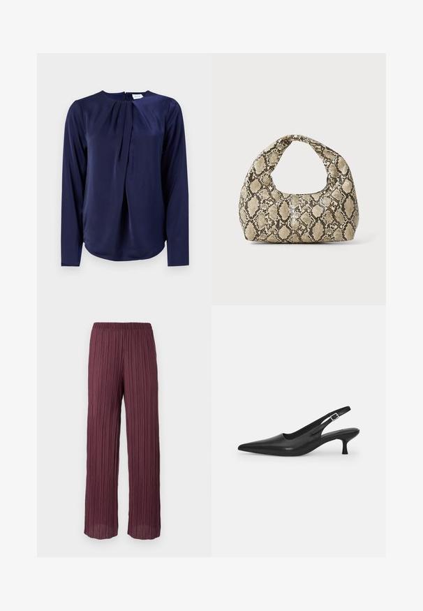 Mörkblå långärmad blus med rund halsringning och veckad detalj framtill, tillverkad av mjukt, glänsande tyg.; Plisserade byxor i djupt vinröd med ett elastiskt midjeband, med en flödande, vid bendesign och vertikala veck över hela.; Svart läder slingback-sandalett med spetstopp och en smal, böjd klack. Har ett diskret justerbart rem med en metallspänne.; Väskan i ormtryck har ett böjt handtag. Den är tillverkad av strukturerade, beige och bruna material och har ett distinkt diamantsmönster.