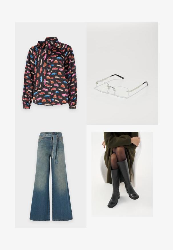 Langermet svart bluse med et gjentatt mønster av fargerike biler. Mykt materiale med en knytedetalj i kragen og knappelukking.; Bredde ben jeans med en lyseblå til mørkeblå gradient, høyt liv, beltehemper og et matchende belte i samme stoff. Teksturert denimoverflate.; Knæhøye sorte lærstøvler med firkantet tå og blokkhelt, vist med en modell som sitter iført en olivengrønn kåpe. Glatt tekstur, minimal detaljering.; Rektangulære briller med klare linser, tynn sølvmetallramme og svarte acetat-tips. Har minimalt med maskinvare for et elegant design.; Svart lær toteveske med to lange håndtak, en glatt tekstur og en strukturert form. Har en frontlomme for ekstra oppbevaring.