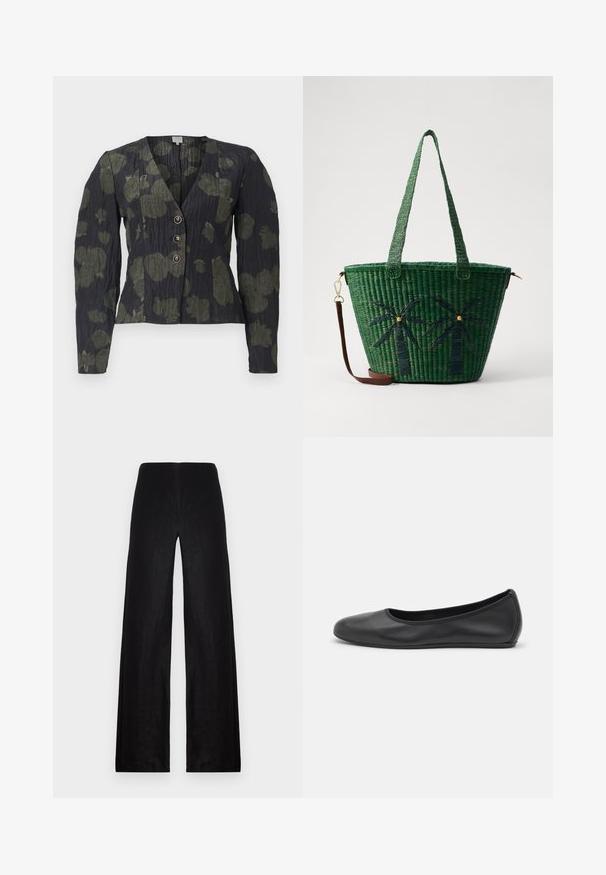 Baum und Pferdgarten MILLEA - Button-down blouse - forest night; Black wide-leg trousers made of lightweight fabric. Features a high waist, smooth texture, and clean lines without pockets or embellishments.; Black leather ballet flat with a rounded toe, smooth texture, minimal stitching detail, and a flexible sole design.; Green woven tote bag with palm tree designs in darker green; features two handles and a detachable brown leather strap.