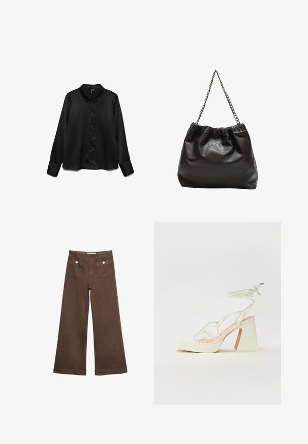 Črna srajca z dolgimi rokavi iz gladkega blaga, z gumbasto zanko, klasičnim ovratnikom in diskretno sijajno površino. Prilagojena kroja z manšetami na rokavih.; Svetlo rjave široke hlače iz bombaža, ki vključujejo dva sprednja žepa s srebrnimi gumbi in gladko teksturo.; Bela sandala na visokih petah s debelim petam, ki ima obliko trakcev in vezanje okoli gležnja. Gladka tekstura z platformo spredaj za dodatno višino.; Rjava usnjena torba z nabranim vrhom in verižnim trakom. Gladka tekstura z sijajno površino in subtilnimi šivi na straneh.