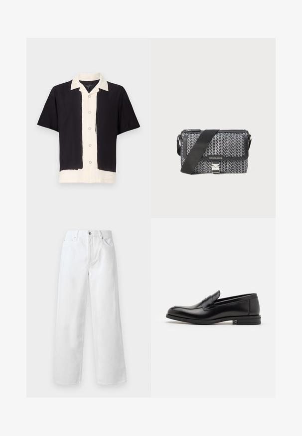 Koszula krótki rękaw w kolorze czarnym i kremowym. Posiada czarną lewą stronę, kremową prawą stronę z guzikiem z przodu oraz kontrastującym kołnierzykiem. Miękka tkanina.; rag & bone AULTON mleczny; rag & bone - Jeansy baggy; Czarne skórzane mokasyny o gładkiej fakturze, zaokrąglonym nosku i dekoracyjnym pasku na przodzie. Niski, warstwowy obcas, minimalistyczny design.; Czarna i szara torebka na ramię z wzorem geometrycznym, z zamknięciem na zamek błyskawiczny oraz akcentami w srebrnym kolorze. Zawiera regulowany pasek.