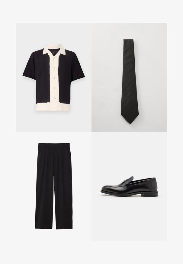 Korte mouwen shirt in zwart en roomkleur. Heeft een zwarte linkerkant, een roomkleurige rechterkant met een knoopsluiting aan de voorkant en een contrasterende kraag. Zacht materiaal.; Zwarte wijde broek met geplooide voorkant, zijzakken en een gladde stoftextuur. Ontworpen voor een ontspannen pasvorm.; Zwarte leren instappers met een gladde textuur, ronde neus en een decoratieve band over de wreef. Lage, gestapelde hak en minimalistisch ontwerp.; Pait met een gestructureerde stof, met diagonale strepen, een taps toelopende punt en een gladde afwerking. Geschikt voor formele gelegenheden.; Vivienne Westwood CITY BUMBAG UNISEX - Heuptas - black