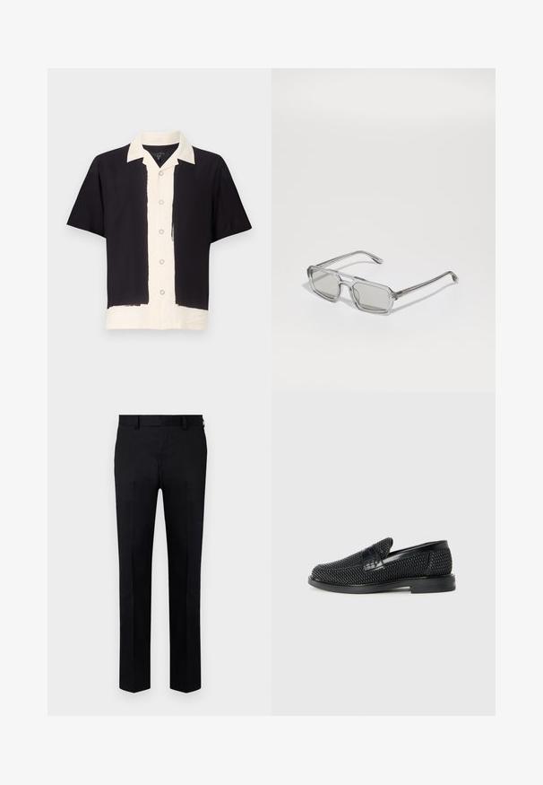 Lyhythihainen paita mustana ja kermaisen valkoisena. Vasemmalla puolella mustaa, oikealla puolella kermaista, napit edessä ja kontrastivärinen kaulus. Pehmeä kangas.; Mustat housut, jotka on valmistettu sileästä kankaasta, suora lahje-muotoilu, etusaumalla ja vyölenkeillä vyötäröllä. Ei näkyviä kuvioita tai yksityiskohtia.; Musta kudottu liukupohjallinen kenka, jossa on sileä nahkakorostus päällisessä, pyöreä kärki ja matala kumipohja.; Emporio Armani Aurinkolasit - shiny transparent grey