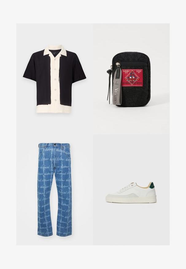 Krátky rukáv v čiernej a krémovej farbe. Vyšité čierne ľavé rameno, krémové pravé rameno s predným zapínaním na gombíky a kontrastným golierom. Mäkká látka.; Modré denimové džínsy so strihom rovného nohavicu, s opakujúcim sa vzorom textu "Vivienne Westwood" v bielej farbe. Klasický dizajn s piatimi vreckami.; Biele tenisky s semišovými akcentmi, zaoblenou špičkou, plochými šnúrkami a krémovou gumovou podrážkou. Na päte sú zelené značky.; Čierny pouch s textúrovanou látkou, vyznačujúci sa červeným nášivkom s logom, zipsovým uzáverom a sivým remienkom s embosovaným názvom značky.