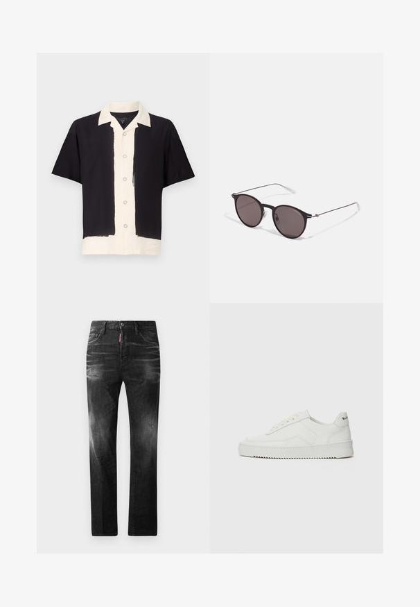 Camicia a maniche corte nera e crema. Presenta un lato sinistro nero, un lato destro crema con chiusura a bottoni e colletto a contrasto. Tessuto morbido.; Jeans in denim nero con vestibilità dritta. Presentano aree sbiadite, leggeri segni di usura, classico design a cinque tasche e chiusura con bottone.; Sneaker in pelle bianca con una finitura liscia, punta rotonda, lacci piatti e suola testurizzata. Presenta un logo discreto sul tallone.; Occhiali da sole neri rotondi con lenti scure e sottili bracci in metallo. Include punte trasparenti e accenti argentati alla cerniera. Design minimalista.