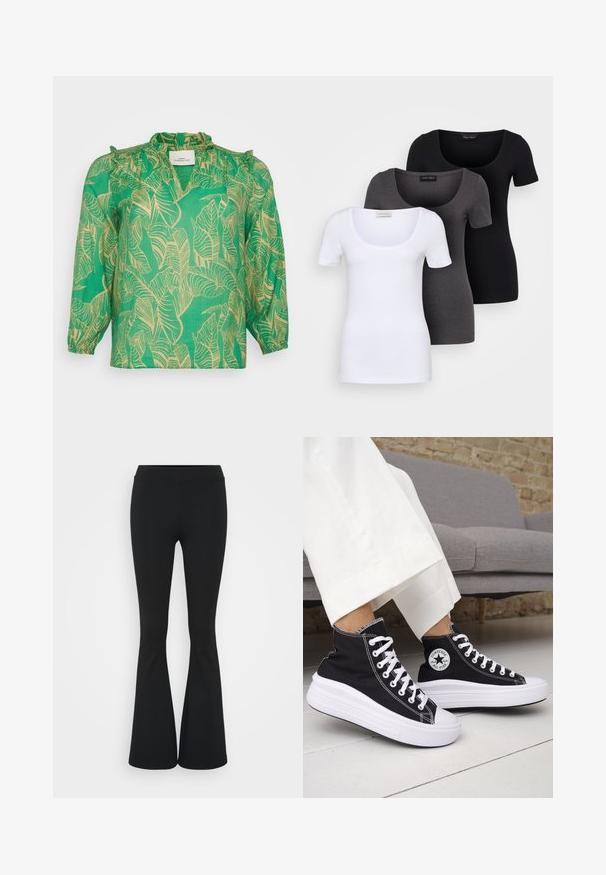 Grønn bluse med et bladmønster i beige, med volang i halsen og lange ermer, laget av lett stoff.; Tre figurerte T-skjorter i hvit, grå og svart. Hver har en bred scoop-nakke og korte ermer. Laget av glatt, elastisk stoff.; Svarte flared bukser laget av elastisk stoff, med høy midje og en glatt tekstur. Buksene vidder ut fra kneet.; Svarte høye sneakers med hvite gummisåler og lisser. Har et rundt logo-merke og kontrasterende hvite sømmer. Laget av lerret.