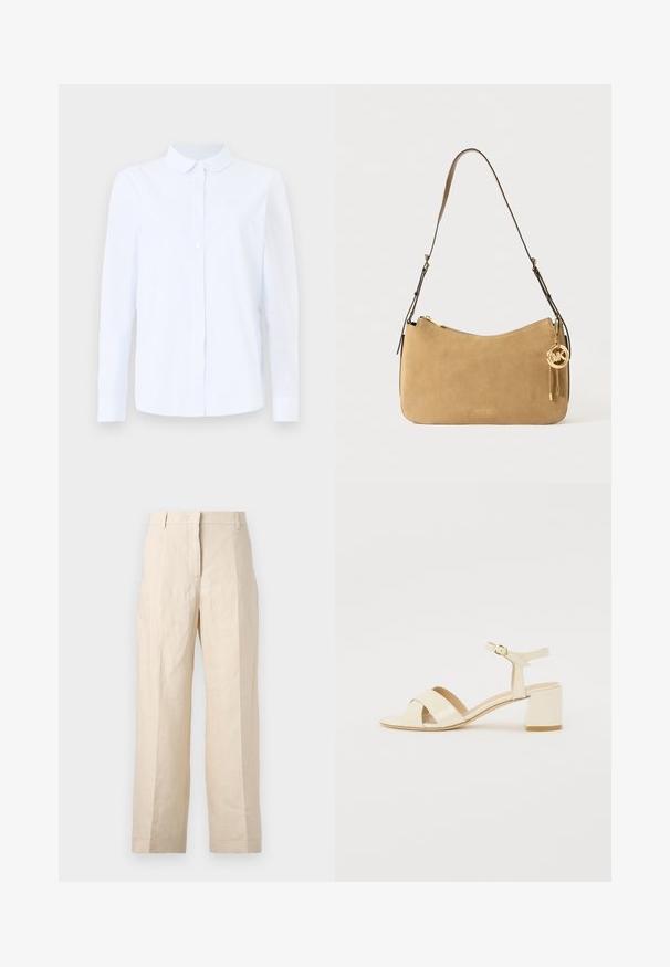 Světle modrá, dlouhá košile s dlouhým rukávem vyrobená z texturovaného bavlněného směsového materiálu, s špičatým límečkem, zapínáním na knoflíky a kapsou na hrudi.; Bežové lněné kalhoty s volným střihem, sklady na přední straně a rovnými nohavicemi. Mají pas s poutky na opasek a žádné viditelné kapsy.; Beige lakované sandály na podpatku s křížovými pásky, otevřenou špičkou, nastavitelními nártními pásky a blokovým podpatkem. Hladký povrch.; Kabelka na rameno z hladké semišové kůže v tělové barvě, s zakřiveným tvarem, zlatými kovovými detaily a zipovým uzávěrem. Obsahuje připevněný přívěsek s iniciály "MK."