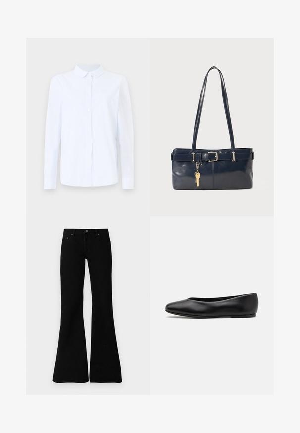 Light blue, long-sleeve shirt made of a textured cotton blend, featuring a pointed collar, button closure, and a chest pocket.; Black flared jeans made from denim, featuring a classic five-pocket design, button closure, and subtle stitching details along the seams.; Paul Smith TOPANGA - Ballet pumps - black; Navy leather handbag with two long handles, a buckle detail, and a keychain attached. Features a smooth texture and a rectangular shape.