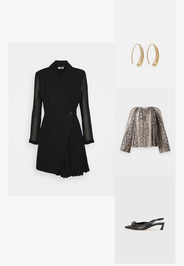 Blusa de manga larga con estampado de serpiente, que presenta un escote fruncido y una textura suave. La paleta de colores incluye tonos de beige y negro.; Vestido negro ajustado que presenta una parte superior estilo blazer, mangas largas transparentes, cierre de un solo botón y detalle de falda plisada.; Zapato slingback de cuero negro con punta afilada, tacón pequeño y detalle de hebilla decorativa en la parte superior. Textura suave, diseño minimalista.; Bolso cruzado de cuero negro con dos bolsillos frontales, hebillas doradas, cierre de cremallera y una correa delgada. Superficie texturizada y forma rectangular compacta.; Pendientes de aro de metal en tono dorado con una forma curva y alargada. Presentan una superficie lisa y brillante y una punta redondeada para mayor detalle.