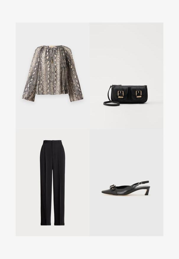 Bluse med lange ærmer i slangeskindsprint, med en samlet halsudskæring og blød tekstur. Farvepaletten omfatter nuancer af beige og sort.; Sorte skrædderbukser med høj talje, der har folder fortil, en lige benlængde og ombukket kant. Lavet af glat stof.; Sorte læder slingback sko med spidse tæer, lille hæl og dekorativ spænde detalje på overdelen. Glat tekstur, minimalistisk design.; Sort læder crossbody taske med to frontlommer, guldspænder, lynlåslukning og en slank rem. Struktureret overflade og kompakt rektangulær form.