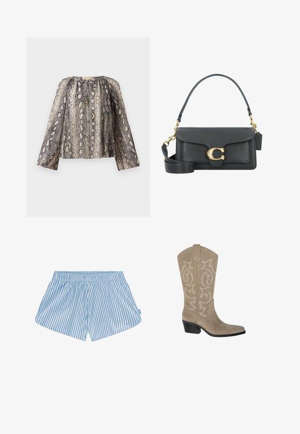 Langärmlige Bluse im Schlangenmuster mit gerafftem Halsauschnitt und weichem Material. Die Farbpalette umfasst Beige- und Schwarztöne.; Blaue und weiße gestreifte Shorts mit elastischem Bund, zwei Knöpfen auf der Vorderseite und entspannter Passform. Der Stoff wirkt glatt und hat eine leichte Textur.; PULL&BEAR Cowboy-/Bikerboot - taupe; Schwarze Lederhandtasche mit goldenen Hardware-Akzenten, ausgestattet mit einem charakteristischen Verschluss, einem abnehmbaren Schultergurt und einer strukturierten Oberfläche.