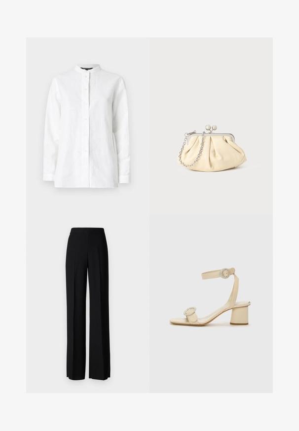 Armani Exchange Button-down blouse - optic white; Black wide-leg trousers with a smooth texture, featuring a high waistband and center pleats. No visible patterns or hardware details.; Beige high-heeled sandals with a minimalist design, featuring two circular accents and a chunky heel. Made from smooth leather.; Pleated beige leather clutch with a silver metal frame, featuring two round decorative clasps and a silver chain strap.