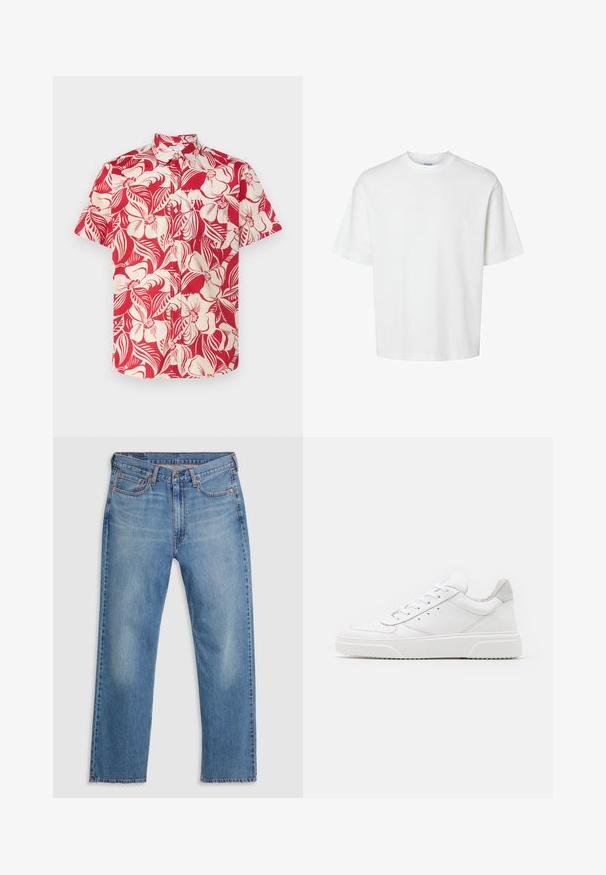 GAP STANDARD - Hemd - red chino; Weißes Baumwoll-T-Shirt mit kurzen Ärmeln, Rundhalsausschnitt und lässigem Schnitt. Glatte Textur ohne sichtbare Muster oder Akzente.; Blaue gerade geschnittene Denim-Jeans mit vorne liegendem Knopf- und Reißverschluss, Gürtelschlaufen und Fünf-Taschen-Design auf weißem Hintergrund.; Weiße Leder-Sneaker mit glatter Oberfläche, rundem Zehenbereich, flachen Schnürsenkeln und strukturiertem Schuhsohlen. Graues Wildleder-Detail an der Ferse.