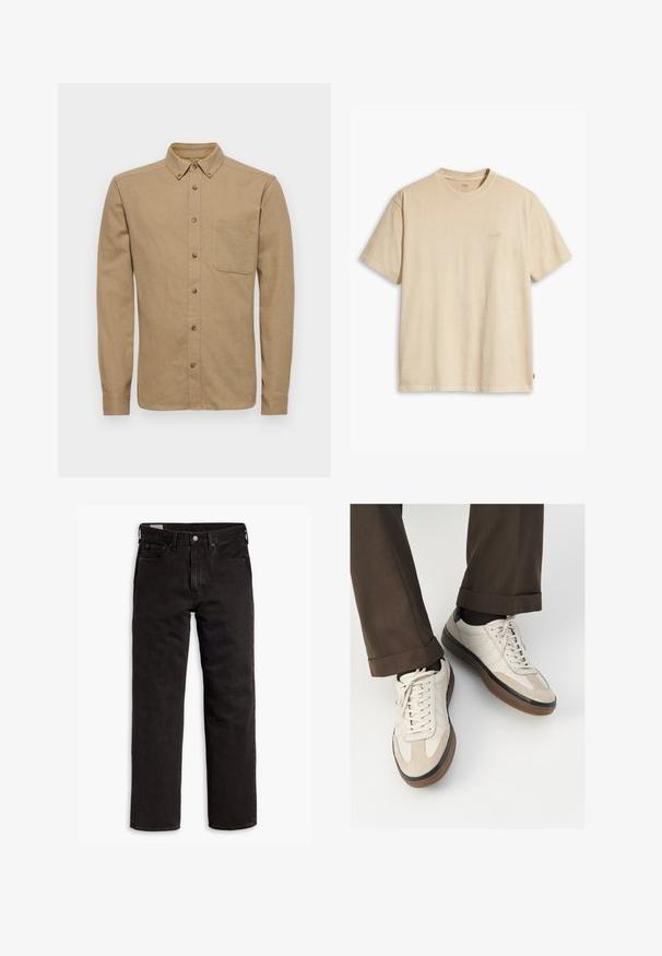 Only & Sons ONSGUDMUND SOLID - Košile - chinchilla; Béžové bavlněné tričko s kulatým výstřihem a krátkým rukávem. Na hrudi má decentní logo "Levi's" ve stejné barvě. Měkká textura.; Černé džíny rovného střihu s pěti kapsami, zapínáním na knoflík a poutky na opasek, položené na bílém pozadí.; Béžové tenisky s texturovanou semišovou špičkou, hladkými koženými boky a hnědou gumovou podrážkou. Na šněrování a lehkém prošití je detail.