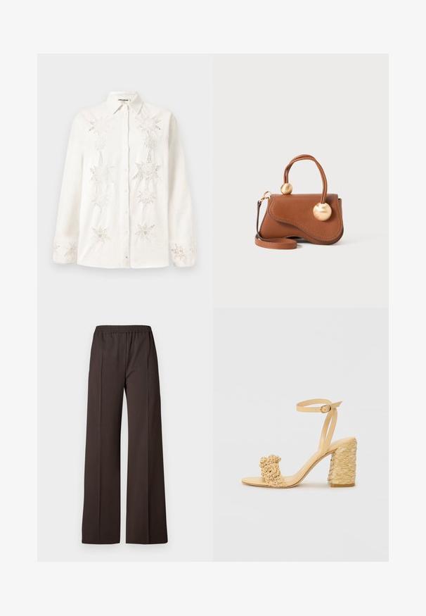 White button-up shirt made of linen, featuring intricate star-shaped embroidery on the front and cuffs, with a classic collar design.; Wide-leg trousers in dark brown fabric with an elastic waistband, featuring a smooth texture and clean lines for a tailored look.; Beige high-heeled sandal with a braided texture, featuring a decorative flower and ankle strap. Square-shaped heel adds stability.; Brown leather handbag with a wavy design, featuring two circular gold accents and a detachable shoulder strap for versatile carrying.