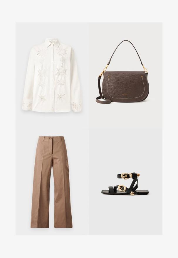 Fehér, lenvászon gombos ing, az elején és az ujjakon bonyolult csillag alakú hímzéssel, klasszikus galléros kialakítással.; Barna, bőszárú nadrág sima anyagból, elülső gombos zárással, két elülső zsebbel és tiszta, szabott vonalakkal.; Fekete bőr szandál arany csattal, több hevederrel és lapos talpú dizájnnal, nyitott lábujjú viselethez.; Barna bőrtáska textúrált felülettel, ívelt formával, fehér varrással és arany díszítéssel. Állítható vállpánt tartozik hozzá.