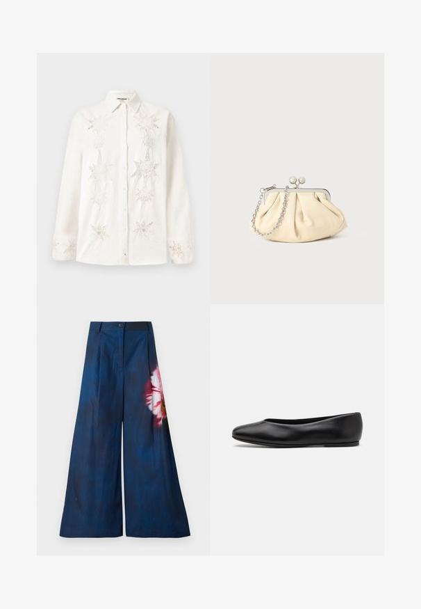 White button-up shirt made of linen, featuring intricate star-shaped embroidery on the front and cuffs, with a classic collar design.; Wide-leg trousers in dark navy fabric, featuring a floral print in pink and yellow on one side, with a button closure at the waist.; Paul Smith TOPANGA - Ballet pumps - black; Pleated beige leather clutch with a silver metal frame, featuring two round decorative clasps and a silver chain strap.