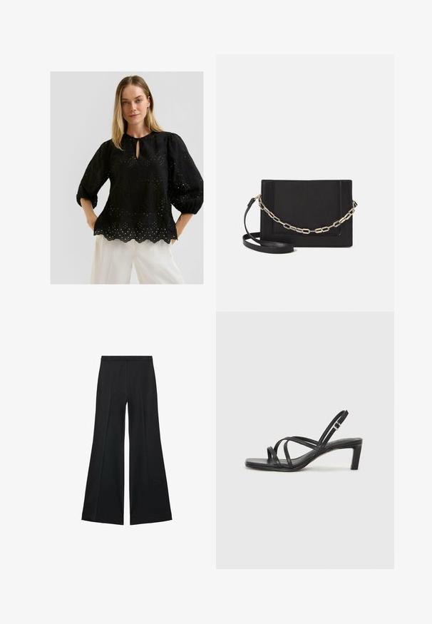 Zwart geborduurd blouse met een ronde hals en sleutelgatdetail. Heeft pofmouwen en een scalloped zoom met uitsnijdingen.; Zwarte wijde-pijpen broek met een gladde textuur, gekenmerkt door voorplooien en een op maat gemaakte uitstraling. De stof is lichtgewicht en vloeiend.; Zwarte sandaal met bandjes, vierkante teen en een lage blokhak. Voorzien van meerdere dunne bandjes en een verstelbare enkelband. Gemaakt van zacht leer.; Zwarte leren schoudertas met een gladde textuur, rechthoekige vorm en een metallic kettingdetail aan de voorkant. Verstelbare schouderband inbegrepen.; Zwarte leren handschoenen met een gladde textuur, nauwsluitende pols en een gedetailleerde naad op de handpalm. Ontworpen voor volledige vingerbedekking.