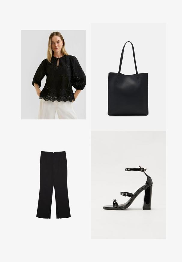 Black embroidered blouse with a round neckline and keyhole detail. Features puffed sleeves and a scalloped hem with cut-out patterns.; Black trousers with a straight fit, featuring front pockets and side slits at the hem. Made of soft, smooth fabric. Suitable for various occasions.; Black patent heeled sandals with a square toe, ankle straps, and silver buckles. Features a chunky block heel for stability.; Black leather tote bag with smooth texture, rectangular shape, and two long handles. No visible hardware or embellishments.