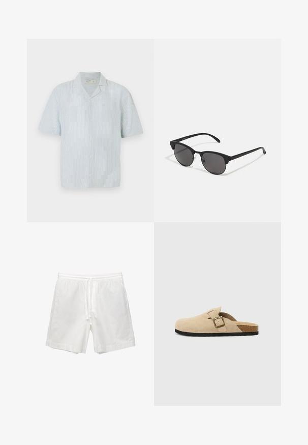 Košeľa s krátkym rukávom, s modro-bielymi pruhmi. Má klasický golier a voľný strih z ľahkej látky.; Biele bavlnené šortky s elastickým pásom a šnúrkou, bočnými vreckami a rovným strihom so zaoblenými okrajmi.; Bežové semišové clogs na klinoch so korkovou stielkou, zaoblenou špičkou a jednoduchým remienkom so zlatým sponou. Gumová podrážka pre lepšiu priľnavosť.; Čierne slnečné okuliare s okrúhlymi šošovkami, matným povrchom a charakteristickým tvarom mačacích očí. Úzke ramená s nenápadným brandingom na ľvom chráničku.
