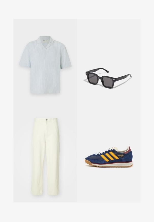 Košile s krátkým rukávem v světle modrých a bílých pruzích. Disponuje klasickým límcem a volným střihem z lehkého materiálu.; Světlé žluté bavlněné kalhoty s rovnými nohavicemi, s uzávěrem na knoflík vpředu, poutky na pásek a čistým, minimalistickým designem.; Námornická semišová teniska s žlutými pruhy, bílými tkaničkami a burgundskými akcenty. Texturovaná podrážka s drážkami pro lepší přilnavost. Logo značky na boku.; Černé obdélníkové sluneční brýle s tmavými skly, disponující silným rámem, decentními akcenty po stranách a bez viditelných log kromě názvu značky.