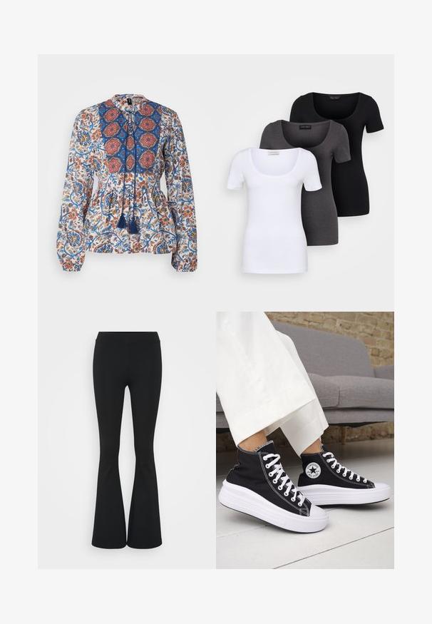 Hosszú ujjú blúz könnyű szövetből, kék, piros és narancssárga virágmintával. Mintás vállrész és bojtok találhatóak rajta.; Három szűkített T-póló fehér, szürke és fekete színben. Mindegyik széles, kerek nyakkal és rövid ujjakkal rendelkezik. Simább, elasztikus anyagból készült.; Fekete harangszárú nadrág, rugalmas anyagból készült, magas derékkal és sima felülettel. A nadrág a térdtől kezdve bővül.; Fekete magas szárú tornacipők fehér gumitalppal és fűzővel. Kör alakú logófolttal és kontrasztos fehér varrással. Vászon anyagból.