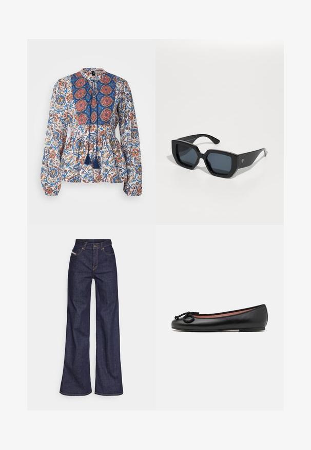 Langarmblouse van lichtgewicht stof, met een bloemenprint in blauw, rood en oranje. Inclusief een geborduurd schouderstuk en franjes.; Donkerblauwe wijde jeans van denimstof met een hoge taille, voorzien van oranje stiksels, een vijf-pocket ontwerp en een knoopsluiting.; Zwarte leren balletflat met een ronde neus, voorzien van een decoratieve strik en een gladde textuur. Minimalistisch ontwerp met een lage, platte zool.; Zwarte oversized zonnebril met een geometrisch ontwerp, rechthoekige lenzen en een glanzende afwerking. Geen zichtbare branding aan de voorkant.; Zilveren oorbellen in de vorm van een gladde, gepolijste ring. Ronde vorm met een veilige kliksluiting. Lichtgewicht ontwerp, geschikt voor dagelijks gebruik.