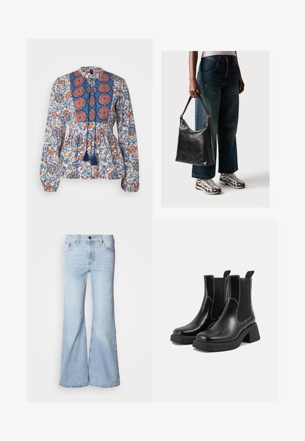 Långärmad blus i lätt tyg, med ett blommönster i blått, rött och orange. Inkluderar en mönstrad ok och trosor.; Ljusblå utsvängda jeans med hög midja, denimtyg, fem fickor och knappstängning. Benen är vida och har en lätt blekt finish.; Svarta läder Chelsea-boots med en kraftig klack, elastiska sidpaneler och kontrasterande vit sömnad. Texturerad yta.; Svart läderaxelväska med en slät yta och justerbar rem, i kombination med urtvättade vida jeans och sportiga sneakers.