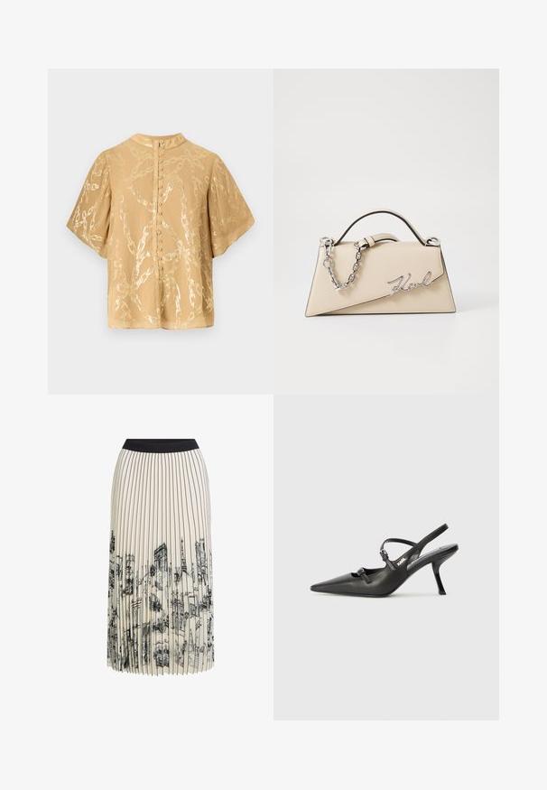 Blusa a maniche corte di colore marrone chiaro con un motivo a catena lucido e chiusura posteriore con bottoni. Realizzata in un tessuto liscio e leggero.; Gonna plissettata color crema con una vita nera che presenta una stampa dettagliata di schizzi architettonici in nero, mettendo in evidenza vari progetti di edifici.; Scarpe slingback nere in pelle con punta affilata, tacco sottile e dettaglio decorativo a fibbia sulla tomaia. Texture liscia e design elegante.; Borsa a mano in pelle beige con una forma triangolare strutturata, dotata di un manico in catena argentata e di un logo in metallo scritto in corsivo.