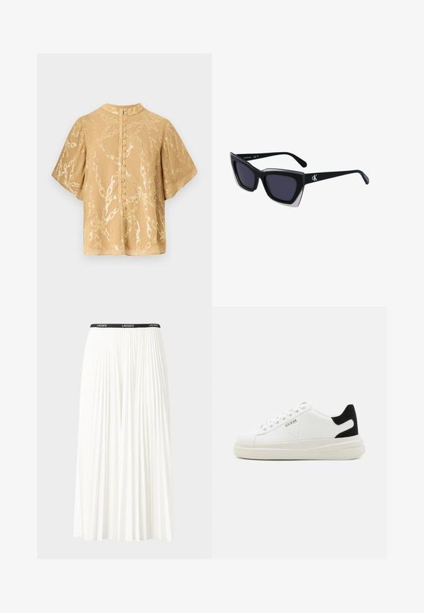 Kratka-sleeve bluzica svetlo rjave boje s sijočim vzorcem verige in gumbom na hrbtni strani. Narejena iz gladkega, lahko tkiva.; Gubasta bela krila z črnim elastičnim pasom, ki nosi logotip "LACOSTE". Srednje dolga zasnova z mehkobo tkanine.; Bele usnjene športne copate z debelim belim podplatom, črnimi semišnimi detajli na peti in utisnjenim logotipom na strani. Zavezovanje s šestimi luknjicami.; Črne prevelike sončne očala geometrijske oblike, z temnimi lečami in kontrastno sivo podrobnostjo na okvirju. Logo na ročaju.