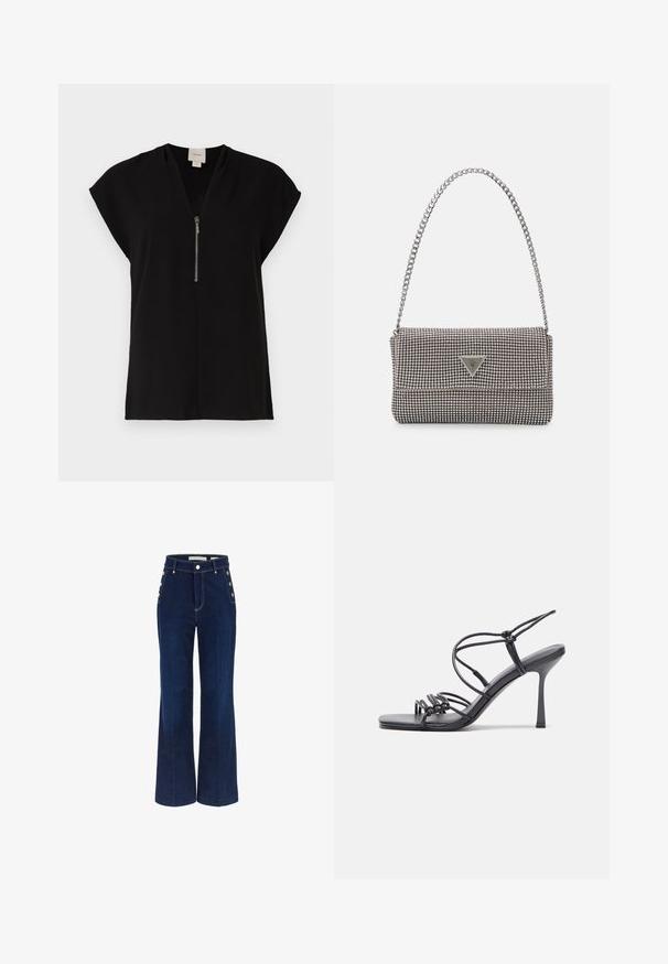 Mustaga V-kaelusega ülemine osa, lukuga kinnitatav, lühikeste kapuutsiga varrukatega, valmistatud siledast kangast, minimalistliku disainiga ilma mustriteta.; Tumedate sinised laiad teksad kõrge vöökoht, millel on nuppudega detailid külgedel ja sile denimitekstuur.; Mustad musta värvi kontsandaalid on varustatud peente rihmadega, millel on sõlmekujundus, siledad ruudukujulised varbad ja stiilne stilettokonts.; Helehall metallik handbags, millel on kett, kaunistatud väikeste ümmarguste metallist õmblustega ja kolmnurkse brändi logoga.; Hõbedased rõngaskõrvarõngad, millel on sile ja läikiv pind. Ümar kuju, kerge disain, millel on post-tagumise kinnituse süsteem.