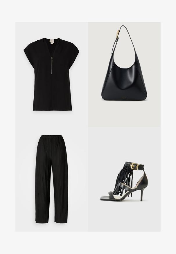 Top negru cu decolteu în V și închidere prin fermoar, mâneci scurte tip capac, realizat dintr-un material neted, având un design minimalist fără motive.; Pantaloni negri cu pliuri largi și talie elastică. Materialul are pliuri verticale și o textură netedă.; Sandale negre cu toc înalt, cu detalii franjurate, curea la gleznă cu accesorii aurii, vârf pătrat plat și două curele încrucișate pe partea superioară.; Geantă de umăr din piele neagră, cu o textură netedă, siluetă curbată și un accent din hardware aurit. Prezintă logo-ul brandului embosat la bază.