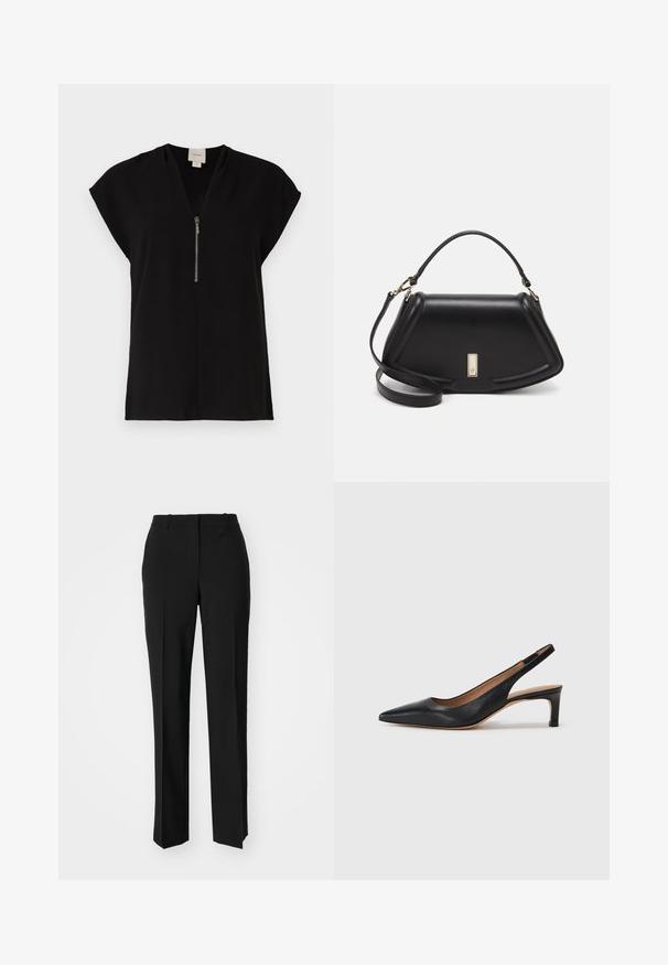 Top nero con scollatura a V e chiusura con zip, maniche corte a cappuccio, realizzato in tessuto liscio, caratterizzato da un design minimalista senza motivi.; Pantaloni neri su misura con un design a gamba dritta, caratterizzati da una texture liscia e pieghe ben definite sul davanti. Senza hardware visibile.; Pump slingback in pelle nera con punta appuntita, tacco basso e texture liscia. Presenta una sottile cinghia regolabile per una vestibilità sicura.; Borsa a mano in pelle nera con un design strutturato, caratterizzata da una forma corta, manico superiore e accessori in metallo dorato. Inclusa tracolla regolabile.