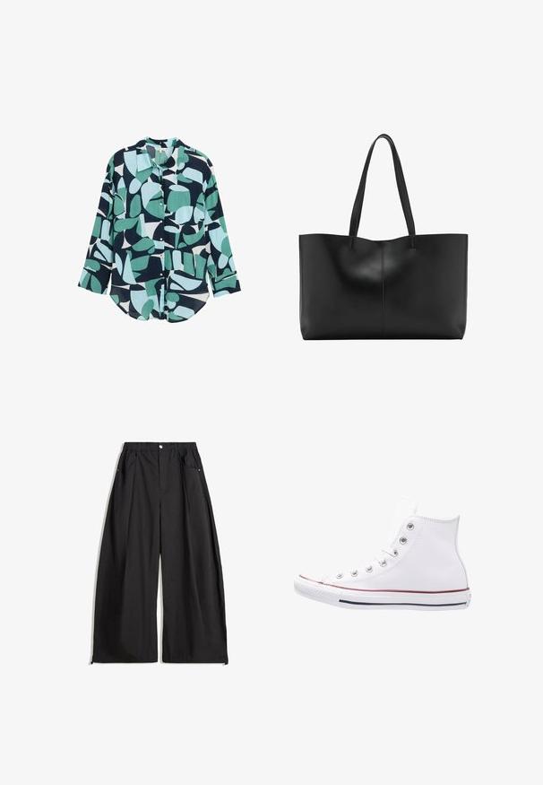 Button-up shirt with a green and navy abstract pattern, long sleeves, and a relaxed fit. Made of lightweight fabric with a soft texture.; Black wide-leg pants with a high waistband, featuring pleats, a front button closure, and two side pockets. Made from fabric with a textured finish.; White high-top sneakers made of leather, featuring silver eyelets, a rubber toe cap, and a red and navy stripe on the sole.; Black leather tote bag with two long handles, a sleek design, and subtle stitching details along the center seam. Smooth texture.