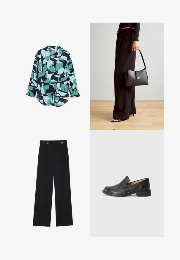 Overhem shirt met een groen en marineblauw abstract patroon, lange mouwen en een ontspannen pasvorm. Gemaakt van lichtgewicht stof met een zachte textuur.; Zwarte wijde broek met hoge taille, knoopdetails op de tailleband en plooien aan de voorkant.; Zwarte leren instapper met een lage hak, met een gestikt ontwerp en slip-on stijl, tegen een effen witte achtergrond.; Zwarte handtas met gestructureerde vorm, gladde textuur en een metalen sluiting. Gecombineerd met brede zwarte broeken en sandalen met open teen op een houten vloer.