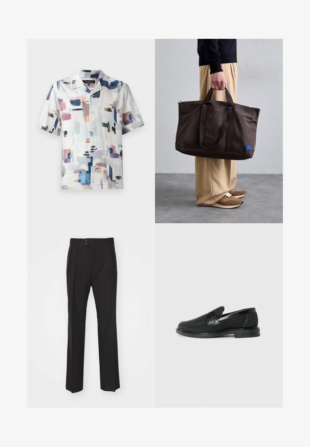 Korteærmet skjorte med knapper i let stof, der har et abstrakt mønster i pasteller og dyb blå på en hvid baggrund.; Sorte skræddersyede bukser med lige ben-design, to frontlommer og dobbeltknaplukning i taljen. Glat stofstruktur.; Sort vævet slip-on sko med en glat læderdetalje på overdelen, en rund tådesign og en lavprofil gummisål.; Brun nylon tote bag med to håndtag, lynlås lukning og et blåt logo patch. Glat tekstur, struktureret design, rummelig indvendig.