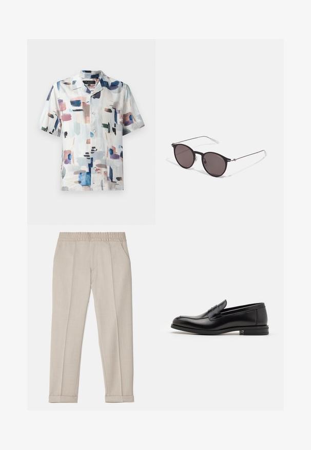 Camisa de botones de manga corta en tejido ligero, con un patrón abstracto en tonos pastel y azul profundo sobre un fondo blanco.; Filippa K TERRY CROPPED TROUSERS - Pantalones - sage melange; Mocasines de cuero negro con una textura suave, puntera redondeada y una tira decorativa en el empeine. Tacón bajo apilado, diseño minimalista.; Gafas de sol redondas negras con lentes oscuros y brazos metálicos delgados. Incluye puntas de varilla transparentes y acentos plateados en la bisagra. Diseño minimalista.
