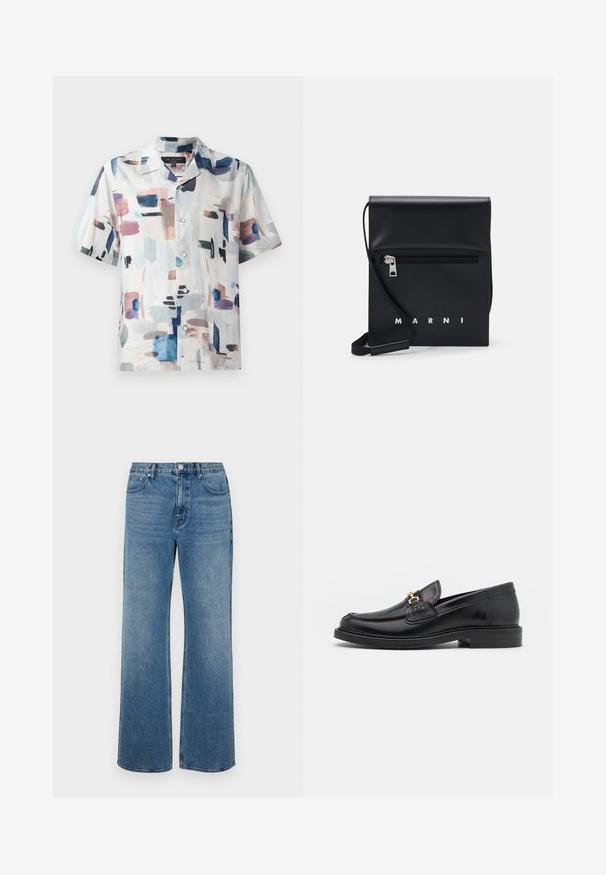 Kratka majica s kratkimi rokavi in gumbi iz lahkotnega materiala, z abstraktnim vzorcem v pastelnih barvah in temno modri na beli podlagi.; Modri široki jeans iz denima z izbledelim zaključkom. Imajo pet žepov, sprednje zapiranje na gumb in ravno krojenje.; Črne usnjene loafers čevlje z zaobljenim prstom, ki imajo zlat nakit in podrobnosti šivanja, postavljene na nizko, teksturirano gumijasto podplat.; Črna usnjena torbica preko telesa z zadrgo na sprednjem žepu, embosiranim logotipom in nastavljivim trakom. Gladka tekstura z urejeno obliko.