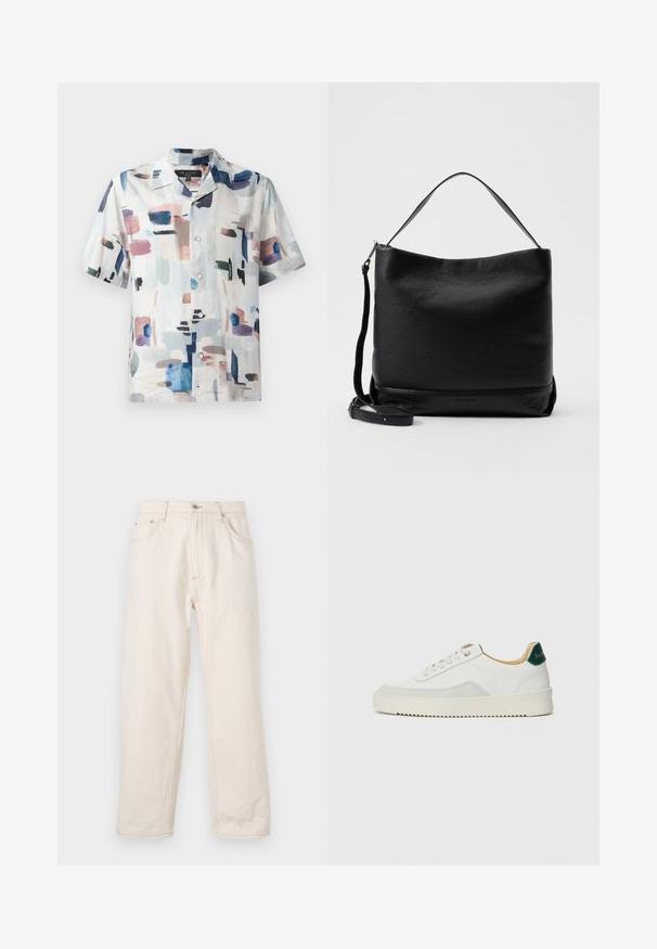 Trumpas rankovės marškinis su mygtukais iš lengvos medžiagos, pasižymintis abstrakčiu raštu pastelinių spalvų ir gilių mėlynų tonų ant baltos fono.; Šviesiai rudos tiesios kojų džinsai, pagaminti iš džinsinio audinio, su mygtukų uždarymu, penkiomis kišenėmis ir matomomis siuvimo detalėmis. Lygi tekstūra.; Baltos sportbačiai su zomšos akcentais, apvaliu nosiu, plokščiais raišteliais ir kreminės spalvos guminiu padu. Ant kulno yra žalia ženklinimo detalė.; Juodas odinis peties krepšys su tekstūruotu paviršiumi, kreiviu viršumi ir nuimamu dirželiu. Pažymėtas paprastu dizainu su minimaliais aksesuarais.