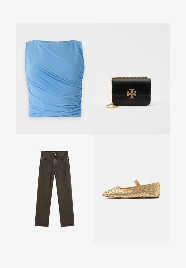 Blue sleeveless top made of soft fabric featuring draped ruching on one side, with a round neckline and smooth texture.; Light blue short-sleeve polo shirt with a ribbed texture, flat collar, and a front placket featuring six matching buttons.; Dark brown straight-leg jeans made of denim, featuring a classic five-pocket design, metal hardware, and visible stitching details.; Loeffler Randall LEONIE SOFT BALLET FLAT - Ankle strap ballet pumps - gold; Black leather handbag with gold-tone chain strap and logo accent. Features a rectangular shape with a fold-over flap. Smooth texture.