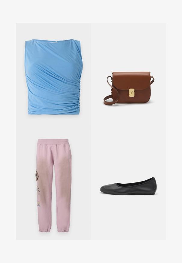 Mėlynas be rankovių marškinėlis, pagamintas iš minkštos medžiagos, su drapiruotu raukinimu vienoje pusėje, apvaliu iškirpimu ir lygiu paviršiumi.; Rožinės sportinės kelnės su elastinga juosta, kairėje pusėje dekoruotos rombo formos aplikacijomis ir elastingais užkulniais.; Juodai odiniai baletai su apvaliu pirštu, lygi texture, minimalus siuvimo detales ir lanksčiu padų dizainu.; Ruda odinė rankinė su uždaromu dangteliu, aukso spalvos detalėmis, petneša ir lygiu paviršiumi. Kompaktiška stačiakampio formos.