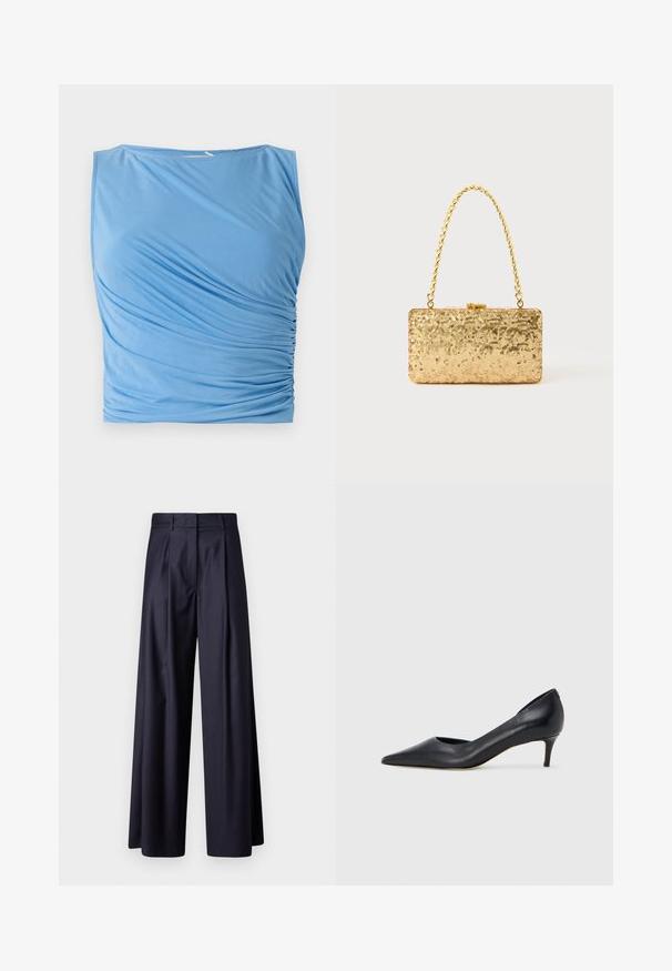 Blue sleeveless top made of soft fabric featuring draped ruching on one side, with a round neckline and smooth texture.; Wide-leg trousers in dark navy fabric, featuring pleats, a smooth texture, a tailored design, and a high waistband.; Black leather pump with a pointed toe and low heel. Features a smooth texture and subtle sheen. Open cut at the front for added detail.; Gold sequin clutch with a rectangular shape, featuring a twisted chain handle and a metal clasp closure, reflecting light with a textured finish.