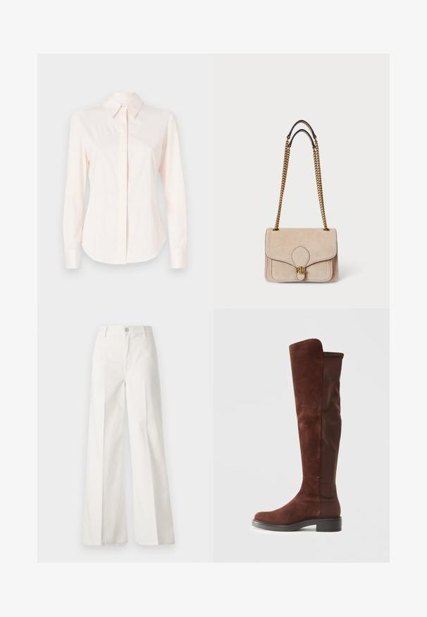 Világos rózsaszín, hosszú ujjú ing, sima anyagból készült, klasszikus gallérral és gombos légmentesítésével, fitted mandzsettákkal és testhezálló fazonnal.; Fehér, bővebb nadrág, amely pamutból készült, sima textúrával. Elöl gombbal, cipzáras záródással és négy zsebes kialakítással rendelkezik.; Magas barna velúr és szövet csizma alacsony fekete sarokkal és kerek orral, oldalnézetben, sima fehér háttér előtt bemutatva.; Beige nubuk bőrtáska arany lánc pántokkal, strukturált téglalap alakú forma, varrott részletek, és arany logó akcentus az elején.