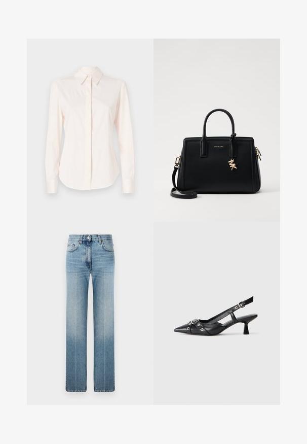 Svetlo roza dolg rokav srajca iz gladkega materiala, z značilnim ovratnikom in gumbnim zapenjanjem, s prilegajočimi manšetami in krojem, ki je prilagojen postavi.; Svetlo modri ravni jeansi iz denima, z rahlim bledenjem, klasičnim pet-pocket oblikovanjem in kovinskim gumbom za zapiranje v pasu.; Črne usnjene sandale središnje zaponke z ostro konico, okrasnimi trakovi z kovinskimi očesi in nizko blokasto peto. Teksturirana površina.; Črna usnjena torbica s strukturirano zasnovo, dvema zgornjima ročajema, odstranjevanim naramnim trakom, zlatim okovjem in dodatkom z logotipom.